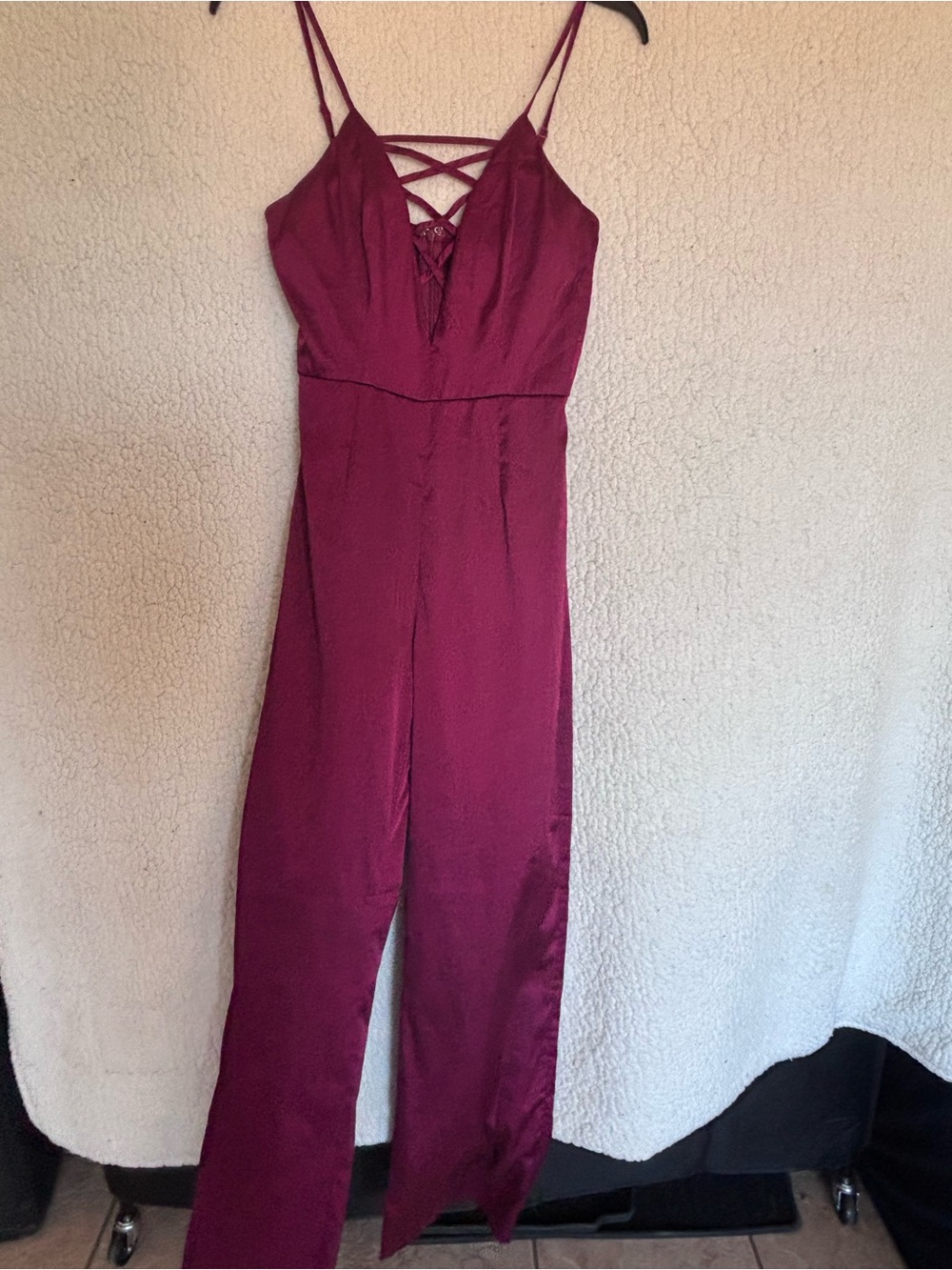 Miss Avenue Burgundy Strappy Jumpsuit with Lace-Up Front
